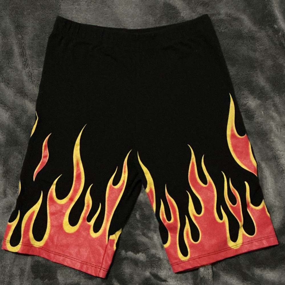 Fashion Nova Black Shorts with Red and Yellow Flame Design
